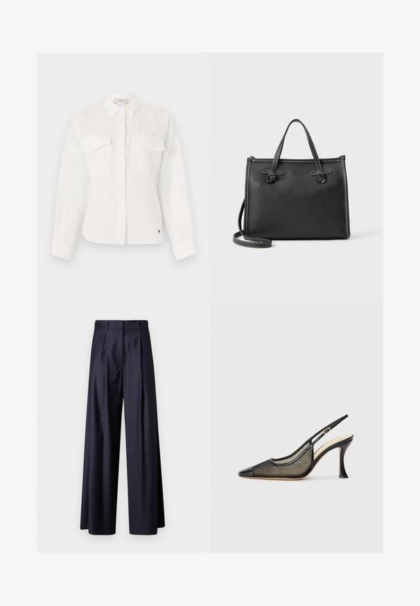 Valge nööbid üles särk, mis on valmistatud kerge materjali, kahel rinnakotiga, terava kraega ja kumerikuga. Peen tekstuur detail.; Tumed sinised laiad püksid, millel on voldid, sujuv tekstuur, kohandatud disain ja kõrge vöökohas.; Mustmustel mustkand jala jalaga kõrged kontsad, millel on terav varvas, võrgutooted ja sile nahast oma. Värvid hõlmavad musta ja beeži акtsenti.; Mustmust nahkane käekott tekstuurse viimistlusega, ristkülikuline kuju, kaks ülaosa käepidet ja eemaldatav õlavarre rihm. Kontrastsest õmblusest detail.