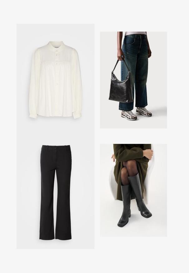 White long-sleeve blouse with a high neckline, button closure, and gathered details at the shoulders. Made from a lightweight fabric.; Black cotton blend trousers with a straight-leg design, front button closure, and two side pockets. Smooth texture, no visible patterns.; Knee-high black leather boots with a squared toe and block heel, shown with a model seated in an olive green coat. Smooth texture, minimal detailing.; Black leather shoulder bag with a smooth texture and adjustable strap, paired with faded wide-leg jeans and athletic sneakers.