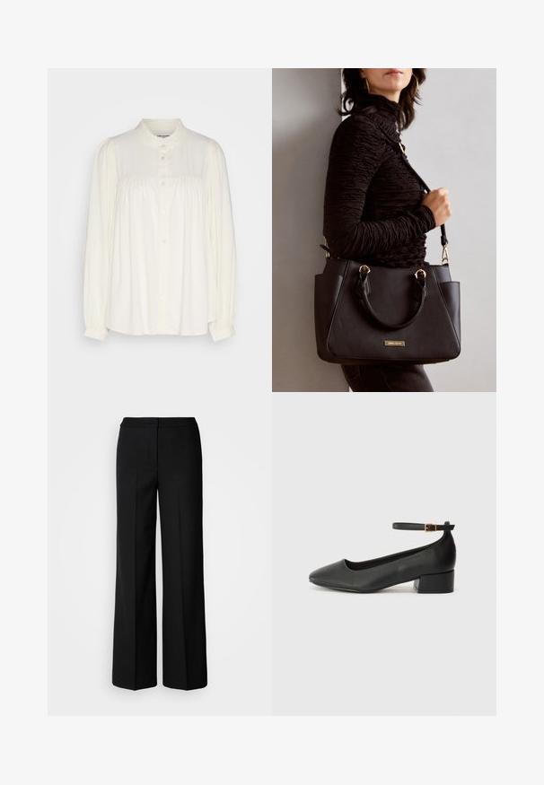 Camicia bianca a maniche lunghe con un collo alto, chiusura a bottoni e dettagli arricciati sulle spalle. Realizzata in un tessuto leggero.; Pantaloni neri a gamba larga in tessuto morbido, con vita alta, cuciture sartoriali e design minimalista. Nessuna ferramenta visibile o tasche.; Pump in pelle nera con punta affusolata e tacco basso a blocco. Presenta una cinghia alla caviglia con una fibbia in tonalità oro. Texture liscia.; Borsa nera con superficie texturizzata, manici superiori doppi e tracolla regolabile. Dotata di hardware color oro e tasche laterali.