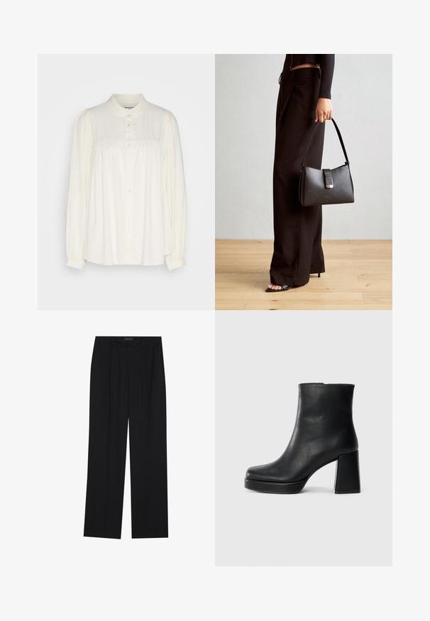 White long-sleeve blouse with a high neckline, button closure, and gathered details at the shoulders. Made from a lightweight fabric.; Black trousers with a straight-leg design, featuring two front pockets and a waistband. Made from a smooth, lightweight fabric.; Black leather ankle boot with a block heel and platform sole, viewed from the side on a plain white background.; Black handbag with structured shape, smooth texture, and a metallic clasp. Paired with wide black pants and open-toe sandals on wooden floor.