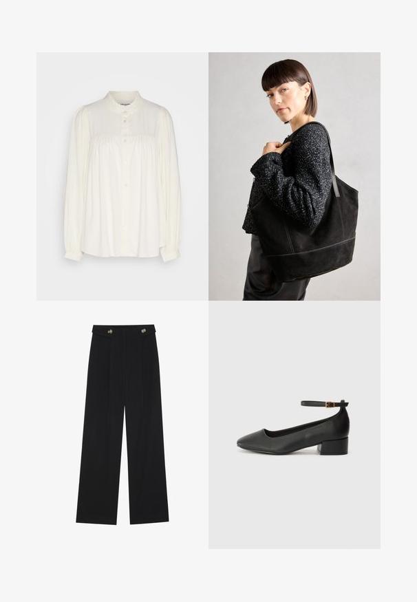 White long-sleeve blouse with a high neckline, button closure, and gathered details at the shoulders. Made from a lightweight fabric.; Black wide-leg trousers with high waist, button details on waistband, and front pleats.; Black leather pump with a pointed toe and a low block heel. Features an ankle strap with a gold-tone buckle. Smooth texture.; Black suede tote bag with a smooth texture, structured shape, and contrasting stitching. Features long straps for shoulder carry.