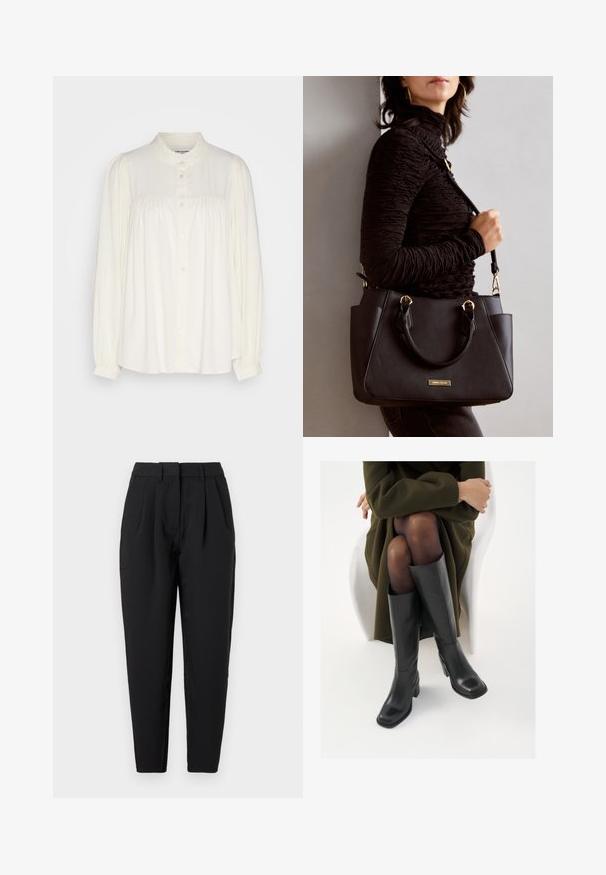 Fehér, hosszú ujjú blúz magas nyakkal, gombos záródással és ráncolt részletekkel a vállakon. Könnyű anyagból készült.; Fekete nadrág egyenes szabással, elöl redőkkel, sima textúrával és oldalsó zsebekkel. A derékpánt standard magasságú.; Térdfelett érő fekete bőr csizmák négyzet alakú orral és tömbtalppal, olajzöld kabátban ülő modellel bemutatva. Simaság, minimalista részletezés.; Fekete kézitáska texturált felülettel, dupla felső fogantyúval és állítható vállpánttal. Arany színű fém kiegészítők és oldalsó zsebek találhatók rajta.