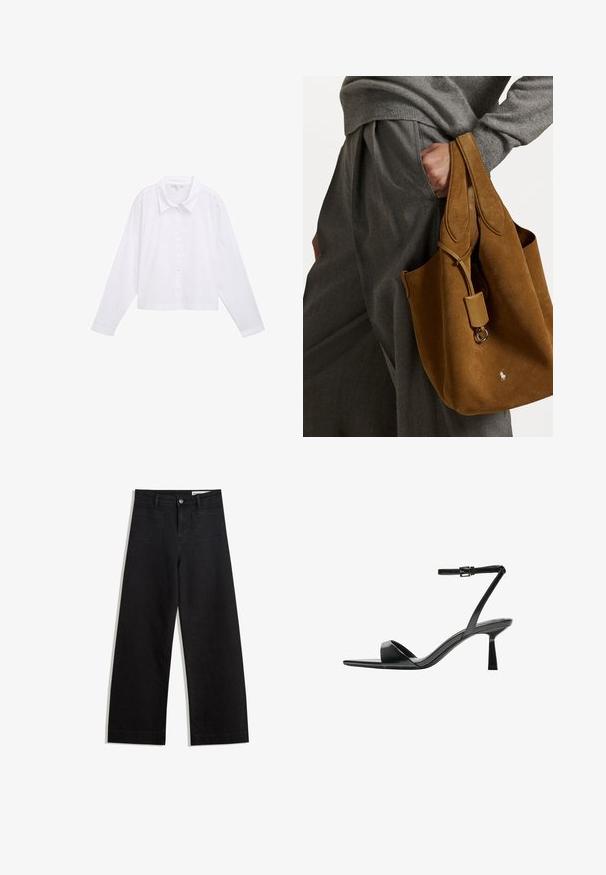 TOM TAILOR DENIM Camicia - white; Pantaloni in denim neri a gamba larga con vita alta, dotati di tasche anteriori e posteriori, cuciture a punto, e chiusura con bottone. Texture liscia.; Bershka Sandali con tacco - black; Borsa a tracolla in suede marrone con forma arrotondata, doppi manici e un accento in metallo. Presenta un piccolo logo sul davanti.