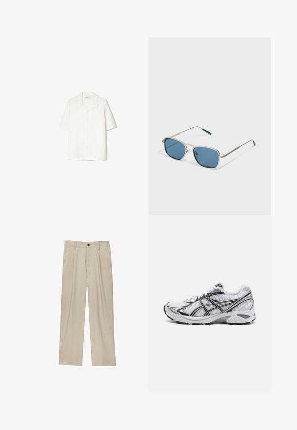 Košile s krátkým rukávem, na knoflíky, v off-white barvě, s měkkou, texturovanou tkaninou, otevřeným límcem a volným střihem.; Béžové kalhoty klasického střihu, se jedním černým knoflíkem, poutky na opasek a bočními kapsami. Hladká textilie a minimalistický design.; Bílé sportovní boty s vrchní částí z síťoviny, černými akcenty a stříbrnými detaily. Mají polstrovanou podrážku a šněrovací design pro podporu.; Sluneční brýle se stříbrným kovovým rámem, obdélníkovými modrými skly a tenkými nožičkami. Na koncích nožiček jsou modré akcenty.