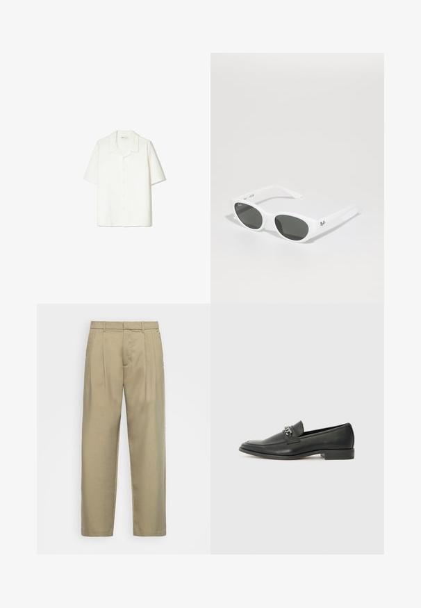 Rövid ujjú, gombos ing világosszürke színben, puha, texturált anyagból készült, nyitott gallérral és laza szabással.; Beige, magas derékú, egyenes szabású nadrág, lapos elejével, oldalsó zsebeivel és sima, textúrált anyagával.; Fekete bőr loaferek sima felülettel, varrott mintával és díszítő fém lánccal a cipő elején. Lapos sarok.; Fehér napszemüveg kerek kerettel és sötét lencsékkel. Simább műanyag felülettel és kis logóval a szárán.