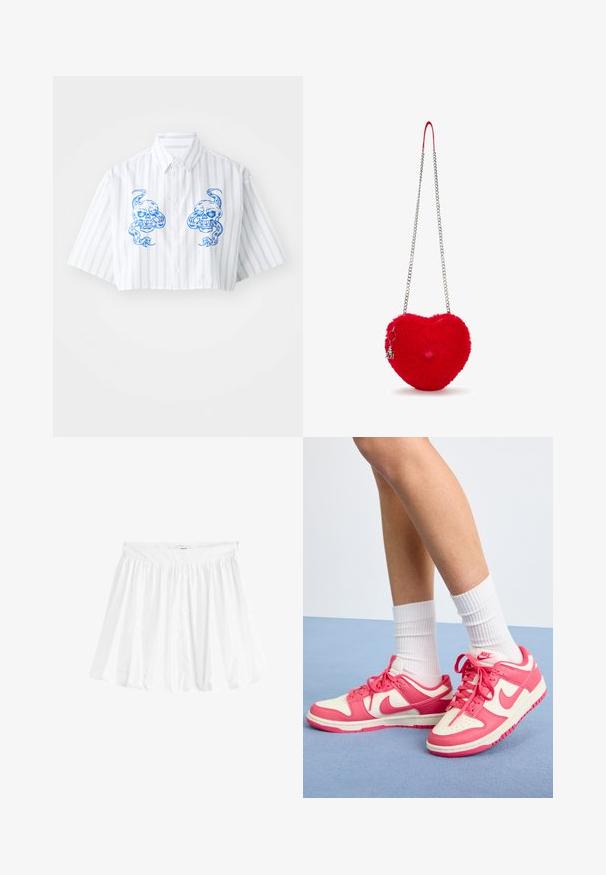 Skórzana koszula na guziki w kolorze białym z niebieskimi pionowymi paskami, z dwoma wzorami czaszek na przodzie i klasycznym kołnierzykiem.; Biała, rozkloszowana spódnica z lekkiego materiału z elastycznym pasem. Posiada marszczoną konstrukcję dla objętości i płynności.; Sneakers Nike w różowej i kremowej skórze, perforowany czubek, sznurowadła i białe skarpetki. Posiadają logo z boku i na pięcie, płaską podeszwę.; Czerwona torebka w kształcie serca, o miękkiej, puszystej teksturze, z srebrnym łańcuszkiem i zawieszką. Posiada wyraźny detal w postaci pom-pom.