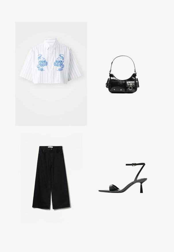 Zastrihnutá košieľka na gombíky v bielej farbe s modrými vertikálnymi pruhmi, s dvoma dizajnmi lebiek na prednej strane a klasickým golierom.; Bershka WIDE-LEG - Široké nohavice - black; Bershka Sandále na vysokom opätku - black; Čierna laková kožená kabelka s ohnutým tvarom, jedným ramenným popruhom, prednými vreckami a striebornými kovovými doplnkami.
