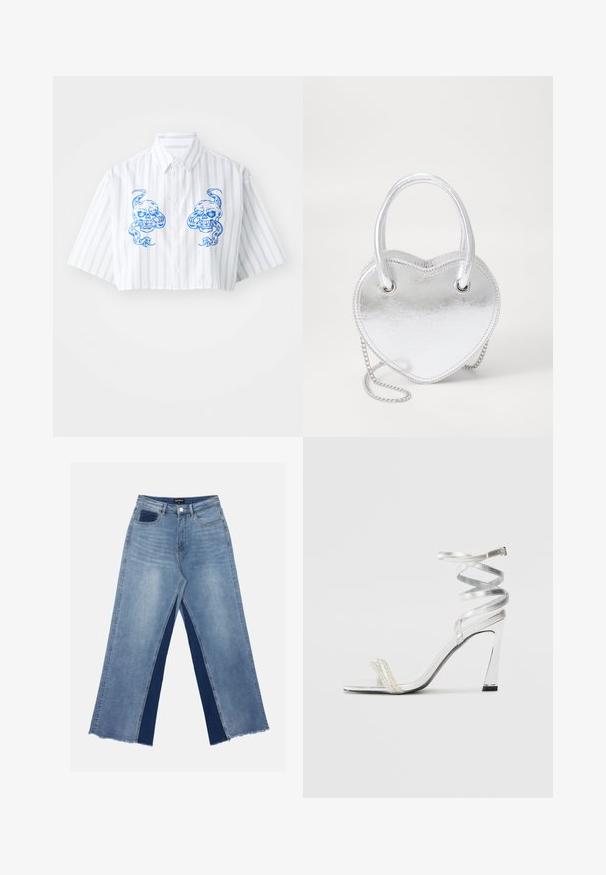 Kragenlose Kurzarmbluse in Weiß mit blauen vertikalen Streifen, auf der Vorderseite mit zwei Totenkopf-Motiven und einem klassischen Kragen.; Hellblaue weite Jeans mit kontrastierenden dunkelblauen Einsätzen, ausgefransten Säumen und einem normalen Bund mit metallener Knopfverschluss.; Silberne High-Heel-Sandale mit einem glänzenden Riemen-Design, das einen perlenähnlichen Akzent und einen spiralförmigen Knöchelriemen für einen sicheren Sitz bietet.; Silberne metallische herzförmige Handtasche mit zwei Griffen, Kettenriemen und glatter Textur. Verfügt über Metallbeschläge und gestickte Kanten.