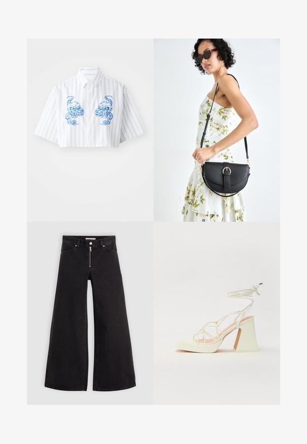 Cropped button-up shirt in white with blue vertical stripes, featuring two skull designs on the front and a classic collar.; Wide-leg jeans in black denim with a zippered front, five-pocket design, and subtle stitching details. Smooth texture and casual style.; White high-heeled sandal with a chunky heel, featuring a strappy design and ankle tie. Smooth texture with a platform front for added height.; Black leather handbag with a curved shape, detachable strap, and gold hardware. The bag features a flap with a buckle detail.