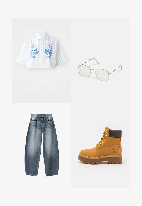 Kragenlose Kurzarmbluse in Weiß mit blauen vertikalen Streifen, auf der Vorderseite mit zwei Totenkopf-Motiven und einem klassischen Kragen.; Weite Jeans aus hellblauem Denim mit Ausbleichungen, im fünf-Taschen-Design, mit Knopfverschluss und minimalen Nähtelementen.; Beige, wasserdichte Stiefelette mit einer robusten Gummisohle, runder Zehenpartie, braunem Lederkragen, gelben Schnürsenkeln und einem Logo an der Seite.; Rechteckige Brille mit einem dünnen, rosegoldenen Metallrahmen. Klarsichtgläser, transparente Bügelenden und filigrane Verzierungen um die Gläser.