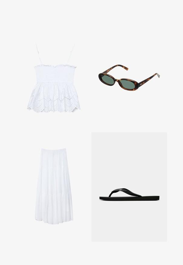 Bijela bezrukavna majica s naboranim korzetom, volanima na rubu i detaljima od čipke, s teksturiranim, prozračnim materijalom i izrezima u cvjetnom uzorku.; Bijela, slojevita maksi suknja od laganog materijala. Ima fleksibilnu elasticnu tačnu i lepršav dizajn s mek teksturom.; Crne gumene japanke s teksturiranim remenom i jednostavnom ravnom potplatom, prikazane s strane na jednostavnoj svijetloj pozadini.; Sunčane naočale u boji kornjače s ovalnim okvirom i zelenim staklima. Imaju tanke ručke s metalnim detaljem blizu šarki.