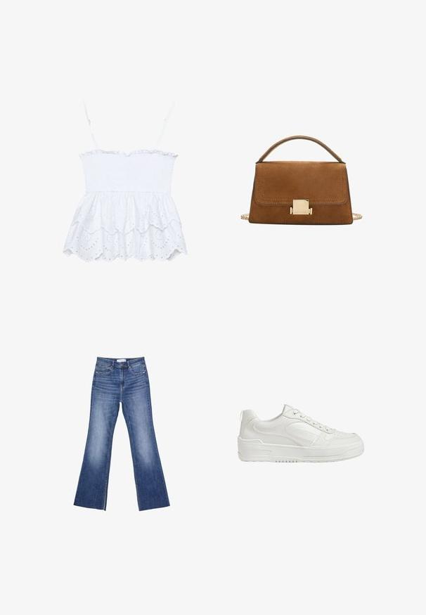 Hvid ærmeløs top med smocket liv, flæsekant og øjenlåse detaljer, der har et tekstureret, åndbart stof og udskæringer i blomstermønster.; Blå denimjeans med høj talje, forlommer og en let flare forneden på en hvid baggrund.; Hvide lædersneakers med glat tekstur, polstret ankeldel og perforeret tå. Har en let hævet gummisål og snørebåndsdesign.; Brun ruskind handbag med en gylden firkantet spænde, top-håndtag og kæderem. Har en rektangulær form og afrundede kanter.