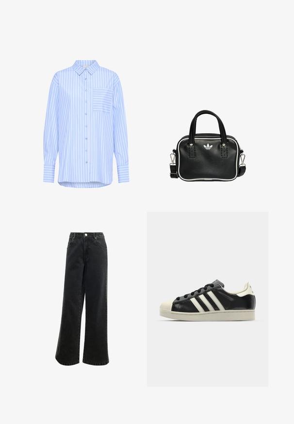 Kaffe KAMACKIE - Košilová halenka - blue white stripe; Černé džíny s vysokým pasem a širokými nohavicemi, s knoflíkovým zapínáním, pěti kapsami a malým logem vyšitým na přední straně. Texturovaná tkanina.; Černé kožené sneakers s bílými pruhy, gumovou špičkou, černými tkaničkami a krémovou podešví. Hladký povrch s lesklým finišem.; Černá kožená kabelka se dvěma krátkými uchy, stříbrným kováním, bílými detaily a bílým logem. Má texturovaný povrch a kompaktní design.
