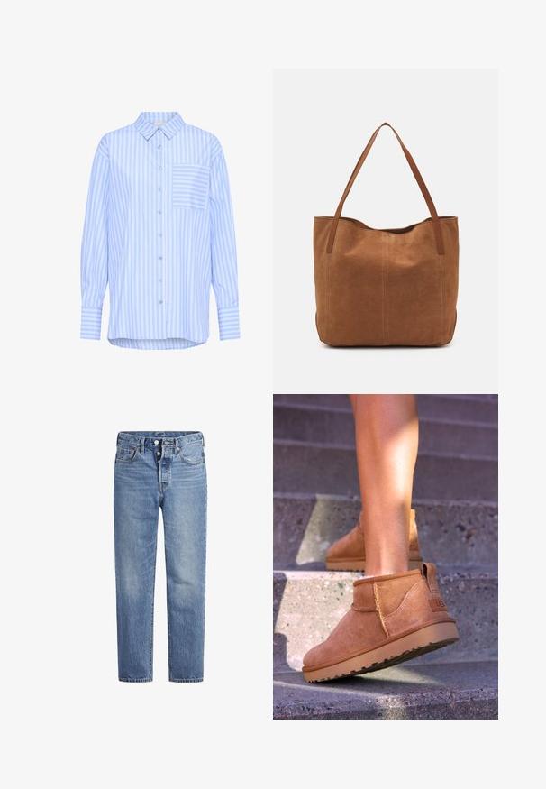 Kaffe KAMACKIE - Skjortebluser - blue white stripe; Lyseblå denimjeans med lige pasform, fem-lomme-design og knaplukning. Har subtile falmede detaljer og orange søm.; Tan ruskind ankelstøvler med en blød tekstur, stikninger og en gummisål, der har en løkkehælkappe for nem på- og aftagning.; Brun ruskinds tote bag med to lange håndtag, der har en glat tekstur, enkelt design og ingen synlige metaldele eller accenter.