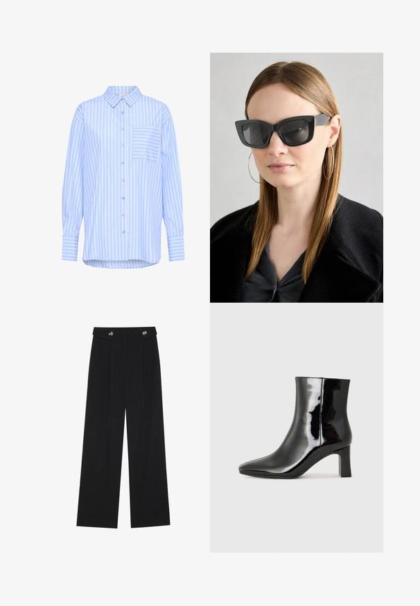Kaffe KAMACKIE - Pogājama blūze - blue white stripe; Melnas platās bikses ar augstu jostasvietu, pogu detaļām uz jostas un priekšējām krokām.; Melnas patentētas ādas potīšu zābaki ar norādītu pirkstu un vidēja augstuma kvadrātveida papēdi. Gluda tekstūra un minimālisma dizains.; Melna kaķa acs saulesbrilles ar tumšiem objektīviem, bieziem rāmjiem un smalkiem akcentiem. Valkātas ar melnu mēteļi un pelēku augšu, ar garām taisnām matiem.