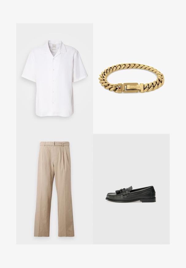 Cămașă cu mânecă scurtă, cu nasturi, din in alb, având un guler clasic, o textură netedă și o croială lejeră.; Pantaloni bej cu picioare largi, confecționați dintr-un amestec de bumbac neted, având pliseuri frontale, un tiv cusut și o curea cu cataramă metalică.; Loafers din piele neagră cu vârf rotund, ciucuri decorativi și un design cusut. Talpă plată cu branding subtil pe lateral.; Brăță de argint dorit cu verigi interconectate, având un închizător cu logo-ul "HILFIGER" și un accent roșu și albastru. Finisaj neted și lustruit.