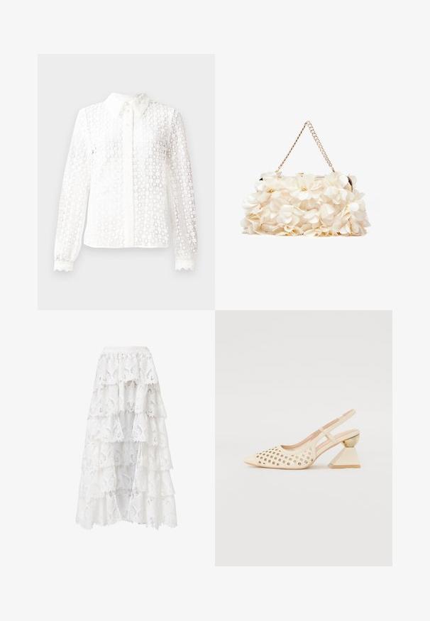 Fehér blúz csipkeszerű anyagból, klasszikus gallérral, hosszú ujjal, scallop díszítésű mandzsettával és gombos elülső résszel, amely dekoratív elemekkel van díszítve.; Fehér csipke szoknya, réteges kialakítással és hullámos szélekkel. Az anyag virágmintás és textúrájú, réteges megjelenést kölcsönöz.; Beige szandál, perforált felsőrésszel, hegyes orral és kontrasztos háromszögletű sarokkal, amely arany díszítést tartalmaz. Az egész cipő sima anyagú.; Fehér virágmintás kézitáska gyűrt szövet felülettel, aranyszínű lánccal és fémetaljzattal. Textúrázott szirmokkal készült a részletesebb megjelenés érdekében.; Lauren Ralph Lauren COLLAR - Nyaklánc - gold-coloured/white