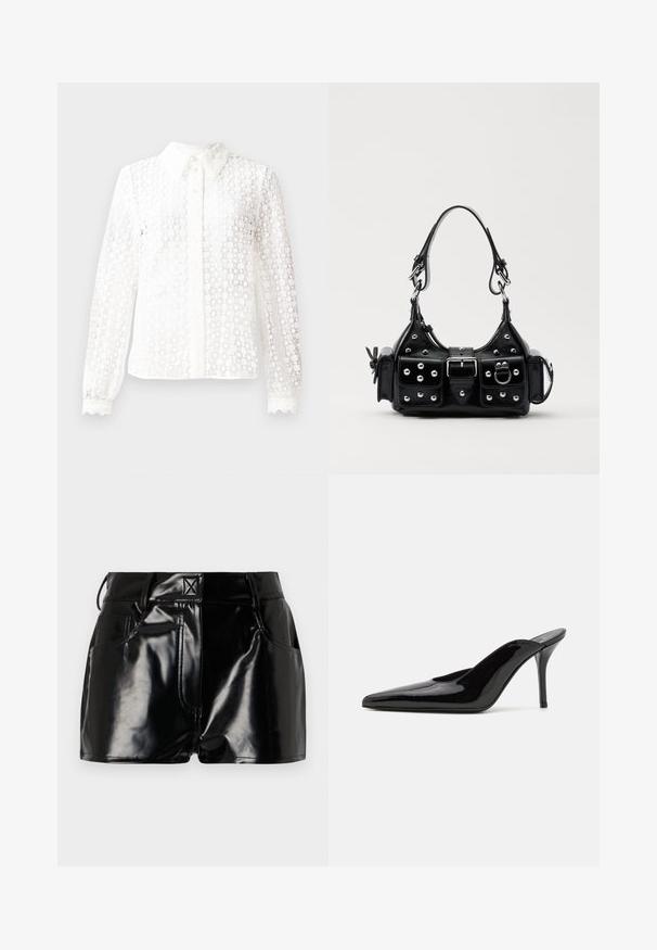 Bela bluzica iz čipkastog materijala, s klasičnim ovratnikom, dugim rukavima sa valovitim manžetama i prednjim dugmadi s dekorativnim naglaskom.; Črne, sijoče kratke hlače iz sintetičnega materiala. Imajo prilegajoč pas, zanke za pas in sprednje žepe z izrazitimi šivi.; Črne patentirane čevlje s peto, z usko silhueto in koničastim nosom, z odprtim hrbtom in vitko stiletto peto.; Črna usnjena torbica s ukrivljenim dizajnom, ki vsebuje srebrne žebljičke, zaponko in dve stranski žepki. Nastavljiv trak za različne možnosti nošenja.