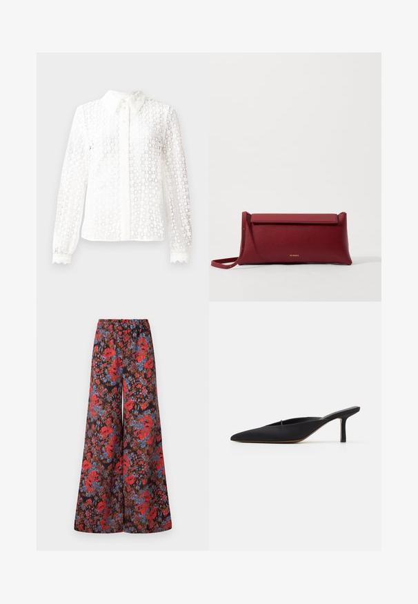 Fehér blúz csipkeszerű anyagból, klasszikus gallérral, hosszú ujjal, scallop díszítésű mandzsettával és gombos elülső résszel, amely dekoratív elemekkel van díszítve.; Bő szárú nadrág, amely fekete anyagból készült, élénk piros és kék virágmintával díszítve, rugalmas derékkal a kényelem érdekében.; Fekete, hegyes orrú mules, elegáns dizájnnal, sima textíliából készült, karcsú sarokkal és nyitott hátsó résszel a könnyű felvétele érdekében.; Piros bőr klutcs táska textúrázott felülettel, lapos hajtogatott tetejével és rövid pánttal. Diszkrét márkájú logó elöl.