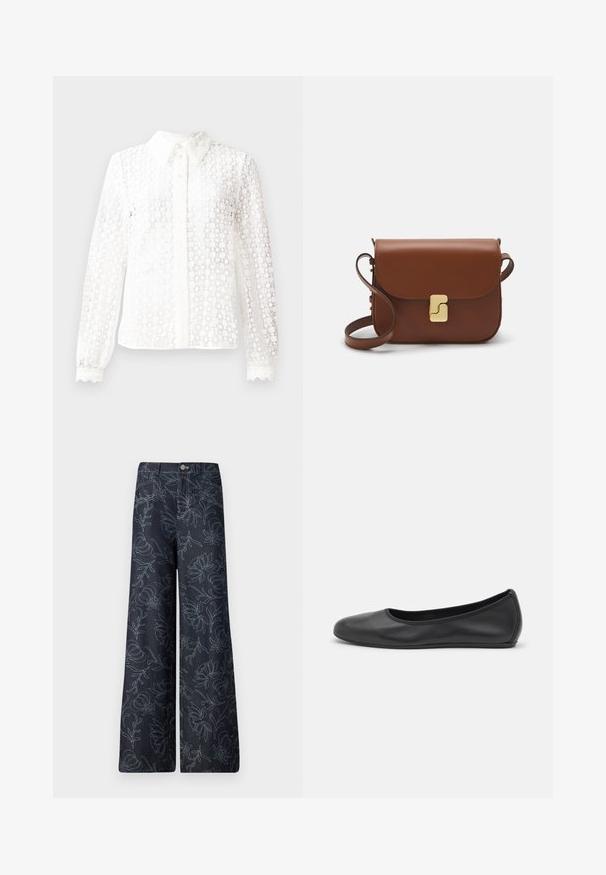 White blouse made of lace-like fabric, featuring a classic collar, long sleeves with scalloped cuffs, and a button-down front with decorative accents.; Dark denim wide-leg trousers featuring an embroidered floral pattern in light blue. Classic five-pocket design with a front button closure.; Black leather ballet flat with a rounded toe, smooth texture, minimal stitching detail, and a flexible sole design.; Brown leather handbag with a flap closure, gold-tone hardware, a shoulder strap, and a smooth texture. Compact rectangular shape.