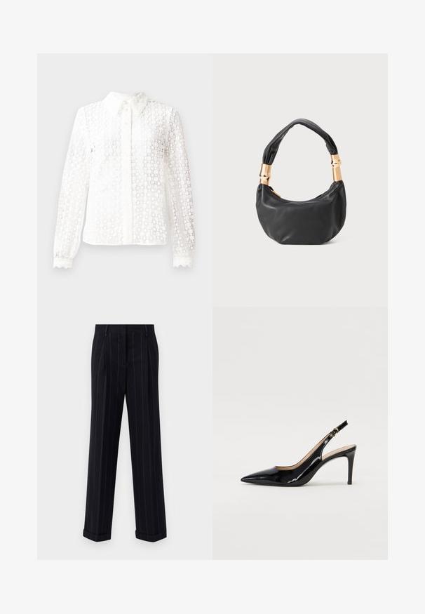 White blouse made of lace-like fabric, featuring a classic collar, long sleeves with scalloped cuffs, and a button-down front with decorative accents.; Black pinstriped trousers with a tailored fit, featuring a cuffed hem and front pleats. Made of smooth fabric with a structured design.; Black patent leather slingback pump with pointed toe, slim heel, and a subtle cutout design. Features a gold buckle on the strap.; Black leather handbag with a round shape, soft texture, and a knotted handle featuring gold-tone hardware accents. Zipper closure.