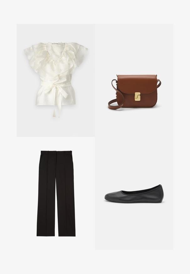 Biely top s volánovým výstrihom a rukávmi, vyrobený z textúrovaného materiálu. Obsahuje opasok na viazanie v oblasti pása pre prispôsobenie.; Čierne oblekové nohavice z hladkej látky, s rovnými nohavicami a dvoma bočnými vreckami. Elegantná a minimalisticá konštrukcia.; Čierne kožené baleríny s okrúhlou špičkou, hladkým povrchom, minimálnym prešívaním a flexibilným dizajnom podrážky.; Hnedá kožená kabelka s klopou, zlatými kovovými prvkami, ramenným popruhom a hladkým povrchom. Kompaktný obdĺžnikový tvar.