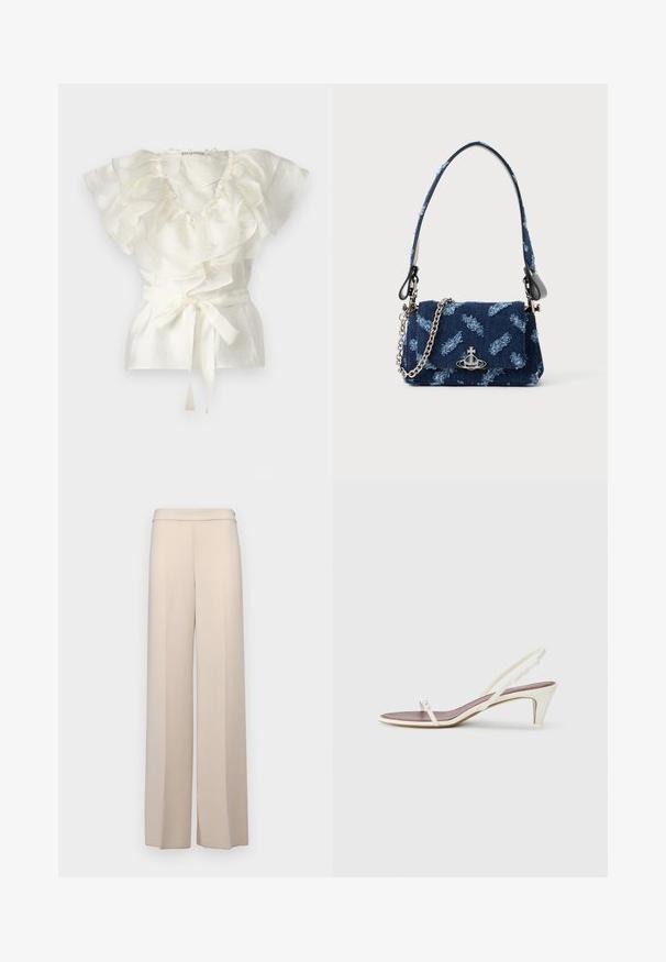 Haut blanc avec un col et des manches volantés, confectionné dans un tissu texturé. Présente une ceinture à nouer à la taille pour un ajustement.; Pantalons larges beiges en tissu lisse, dotés d'une taille haute et de plis avant discrets. Pas de poches ni de détails en matériel visibles.; Sandales blanches à talon léger avec des fines lanières et une texture en cuir lisse ; elles sont dotées d'une petite boucle décorative.; Sac à main en tissu bleu marine avec un design texturé, quincaillerie en argent et une bandoulière en chaîne détachable. Comprend une fermeture à rabat et un accent logo.