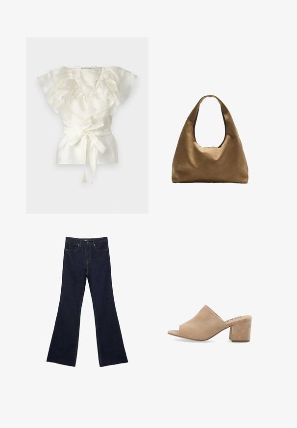 Top bianco con scollo e maniche a volant, realizzato in un tessuto texturizzato. Presenta una cintura annodabile in vita per un aggiustamento.; Jeans a zampa d'elefante in denim blu scuro con un design a cinque tasche standard e cuciture visibili. Il tessuto ha una texture liscia con una leggera sbiaditura.; Mule beige in camoscio con punta aperta e tacco a blocco, caratterizzate da una texture liscia e un design superiore ampio. Nessun hardware visibile o motivi.; Borsa a spalla in tessuto marrone con un corpo ampio e arrotondato e una grande maniglia a taglio. Texture morbida, design minimalista e senza hardware visibile.