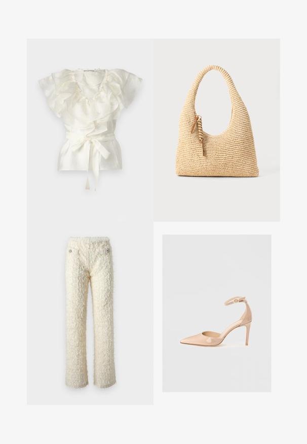 Top bianco con scollo e maniche a volant, realizzato in un tessuto texturizzato. Presenta una cintura annodabile in vita per un aggiustamento.; Pantaloni morbidi, di colore bianco sporco, con una texture soffice, gambe dritte e decorazioni di bottoni argentati sui taschini frontali.; Scarpa nuda in pelle verniciata con punta a stiletto, cinturino alla caviglia e tacco alto, caratterizzata da una superficie liscia e un design minimalista.; Borsa a tracolla beige intrecciata con manico curvo, superficie testurizzata e dettaglio in frangia marrone. Presenta una forma morbida e hobo.