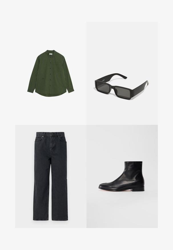 Langarm-shirt in donkergroen en marineblauwe verticale strepen, met een geknoopte kraag, zak op de linkerborst en een gebogen zoom.; Donkerblauwe denimbroek met een wijde pijp, vijf zakken en een knoopsluiting. Inclusief hardware in koperkleur en een subtiele textuur.; Zwarte leren enkellaars met een lage hak en ronde neus, zijaanzicht op een witte achtergrond.; Zwarte zonnebril met rechthoekige lenzen, matte plastic montuur en rechte randen. Bevat het merkteken op de binnenarm.