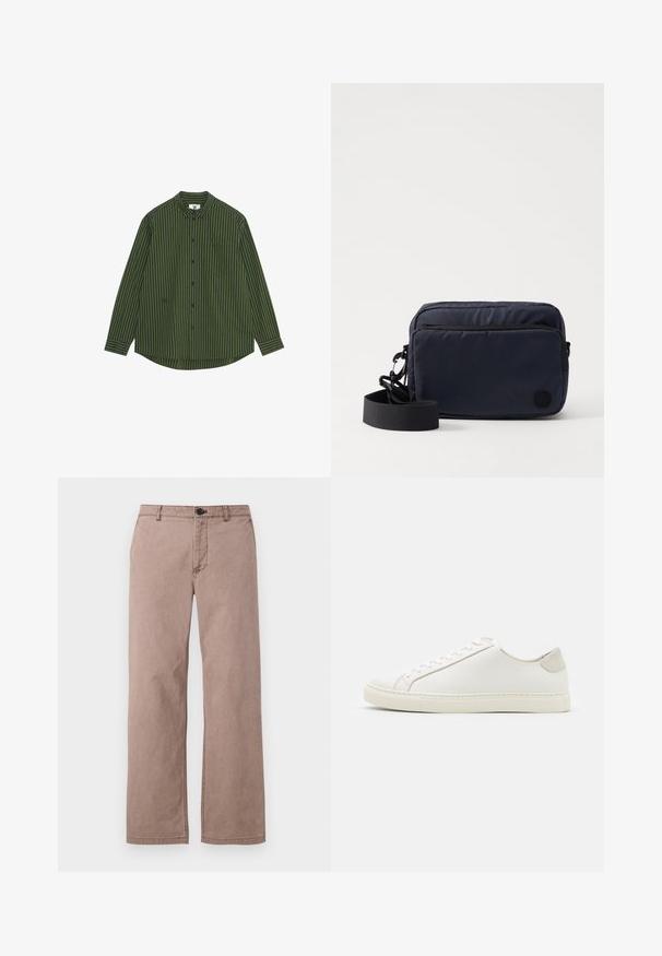 Tumma vihreä ja tummansininen pystyraitainen pitkähihaisessa paidassa on napillinen kaulus, vasemmassa rintataskussa ja kaarevassa helmassa.; Ruske puuvillase püksid sirge lõikega, ees taskud, vöölid ja ülemine nööp. Sile tekstuur minimaalse õmblusdetailiga.; Valkoinen nahkakengät, joissa on sileä pinta, pyöreä kärki ja minimalistiinen muotoilu. Varressa beige-yksityiskohtia ja kumipohja.; Navy sininen suorakaiteen muotoinen olkalaukku, joka on valmistettu tekstuurista nylonista. Laukussa on etupuolella vetoketjutasku ja säädettävä olkahihna. Logo on painettu sivuun.