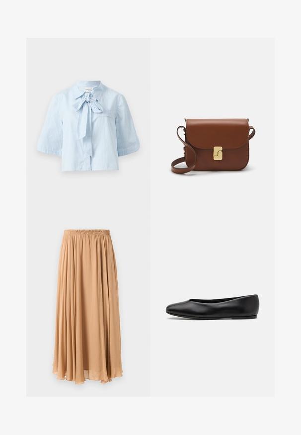 Světle modrá halenka s krátkým rukávem vyrobená z texturované tkaniny. Obsahuje límec s detailním vázáním vpředu a jedním náprsním kapsou.; Maxi sukně ve světle béžové barvě, vyrobená z lehké tkaniny. Má nařasený elastický pas a jemné sklady pro pohodlný pohyb.; Paul Smith TOPANGA - Klasické baleríny - black; Hnědá kožená kabelka s klopou, zlatými kovovými detaily, ramenním popruhem a hladkým povrchem. Kompaktní obdélníkový tvar.