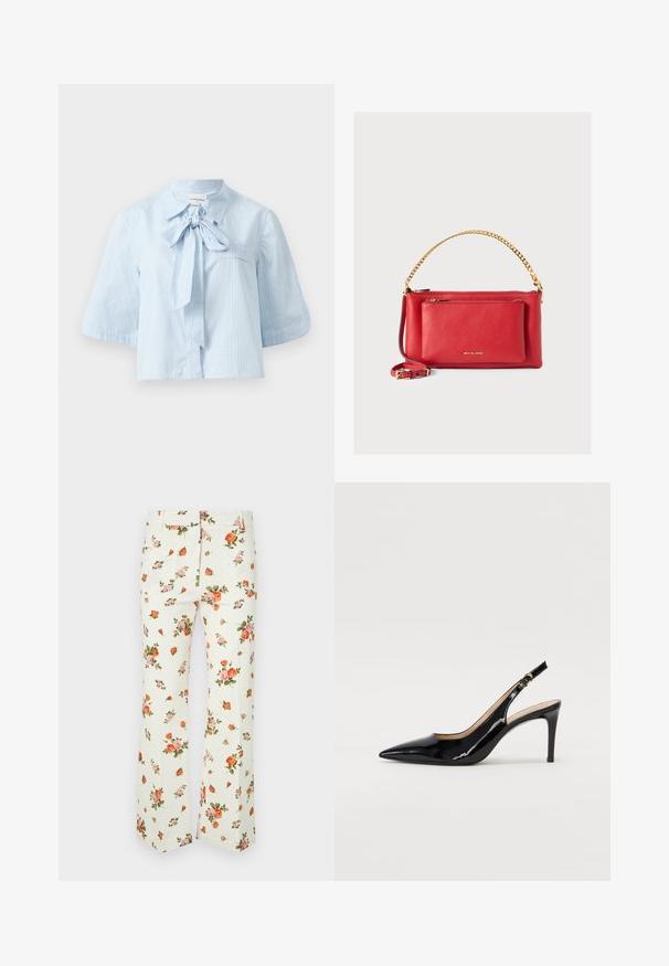 Svetlo modrakratka majica z kratkimi rokavi iz teksturiranega materiala. Ima ovratnik z sprednjim detajlom za zavezovanje in eno prsno žep.; Cvečne hlače iz lahkega materiala, s kremasto belo osnovo in rožnatimi ter oranžnimi vzorci vrtnic, ravne noge in dve zadnji žep.; Črne lakirane slingback čevlje z izostrenim nosom, ozkim peto in subtilnim izrezom. Na traku je zlata sponka.; Rdeča usnjena torbica z zloženim zaključkom, zlato verigo in trak, sprednja žepna zadrga ter izdelek z embosiranim logotipom. Kompaktna in strukturirana zasnova.