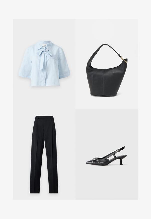 Blusa de manga corta azul claro hecha de tejido texturizado. Presenta un collar con un detalle de lazo en la parte delantera y un solo bolsillo en el pecho.; Pantalones negros de tela suave con cintura alta, piernas amplias, pliegues frontales y lazos de cinturón clásicos. No hay bolsillos laterales visibles.; Zapato de slingback negro de piel con punta afilada, correas decorativas con ojales de metal y un tacón bajo y ancho. Superficie texturizada.; Bolso de cuero negro con forma redondeada, un strap ancho y un acabado texturizado. Presenta un sutil detalle de costura y un acento de hardware en tono dorado.