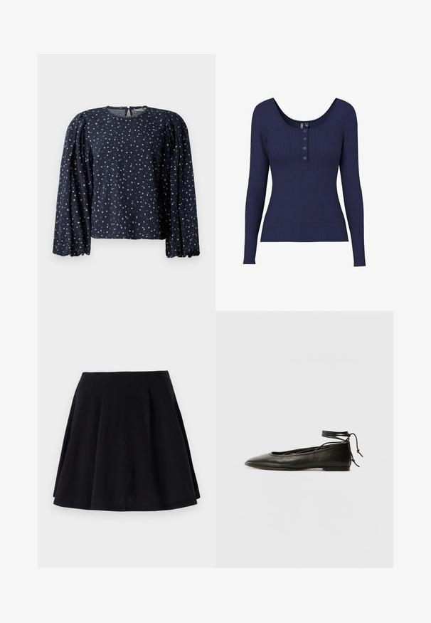 Tumesinine lilleline pluus, pikad puhvitud varrukad, ümar kaelus, millel on laineline äär, ning see sisaldab väikeseid roosaid ja rohelisi lillemotive pehmel kangal.; Tume sinine ribaga pikkade varrukatega topp, millel on kaelus ja kolm metallist nööpi keskel nööbiplakk.; Must mustriga mustreerimisega must puuvillane seelik, kus on flared siluett, koos plekkidega vöökoha piirkonnas ja sujuva tekstuuriga. Sobib igapäevaseks kandmiseks.; Must mustast balletijalatsid, millel on terav nina, pahkluu seotud ja lame tall, sujuva tekstuuri ning minimalistlik disain.