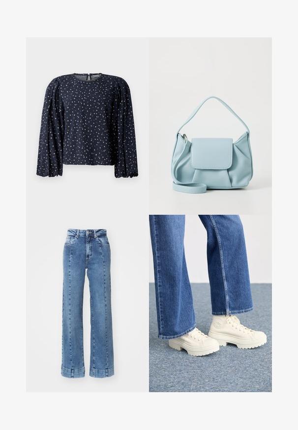 Mornarska cvetna bluza, dolgi napihani rokavi, okrogli izrez z valovitim robom, ki vsebuje majhne rožnate in zelene cvetne vzorce na mehkem materialu.; Svetlo modri široki jeans s visoko pasom, z sprednjimi žepi in šivanim detajlom. Rob je zavihan in ušit.; Bele zimske superge z debelimi, rebrastimi podplati in krožnim logotipom, oblečene z svetlo modrimi, širokimi kavbojkami.; Svetlo modra usnjena torbica z zgornjim ročajem, sprednjim žepom s preklopom in odstranljivim zapestnim trakom na beli podlagi.