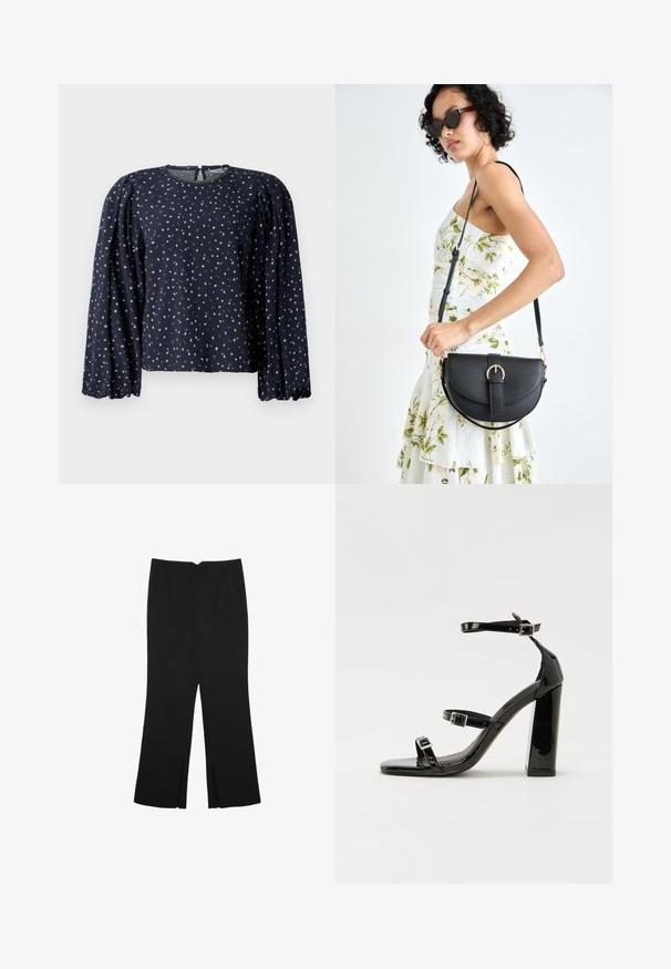 Navyfarbige Blumenbluse, lange puffige Ärmel, runder Halsausschnitt mit welligem Saum, verfügt über kleine rosa und grüne Blumenmuster auf weichem Stoff.; Schwarze Hose mit geradem Schnitt, ausgestattet mit Fronttaschen und Seitenschlitzen am Saum. Hergestellt aus weichem, glattem Stoff. Geeignet für verschiedene Anlässe.; Schwarze patentierte Sandalen mit Absatz, quadratischer Spitze, Knöchelriemen und silbernen Schnallen. Mit einem stabilen Blockabsatz für mehr Stabilität.; Schwarze Lederhandtasche mit geschwungener Form, abnehmbarem Tragegurt und goldenen Beschlägen. Die Tasche verfügt über einen Deckel mit einer Schnallen-Details.