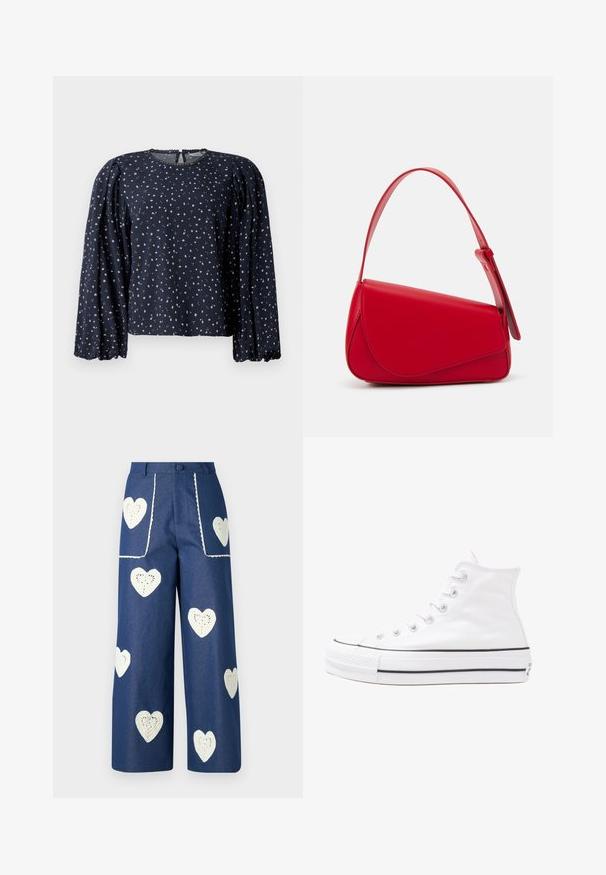 Námornícka kvetinová blúzka, dlhé nadýchané rukávy, okrúhly výstrih so zúbkovaným lemovaním, s malými ružovými a zelenými kvetinovými vzormi na jemnej látke.; Sister Jane HEART TO HEART - Džínsy s rovným strihom - blue denim; Biele vysoké plátené tenisky s čiernou gumovou podošvou, prednou gumovou špičkou a šiestimi okami na šnúrky, s čistým, minimalistickým dizajnom.; Červená kožená kabelka s ostrým, geometrickým dizajnom. Má jeden nastaviteľný popruh a uzatváranie na klopu so šitím.