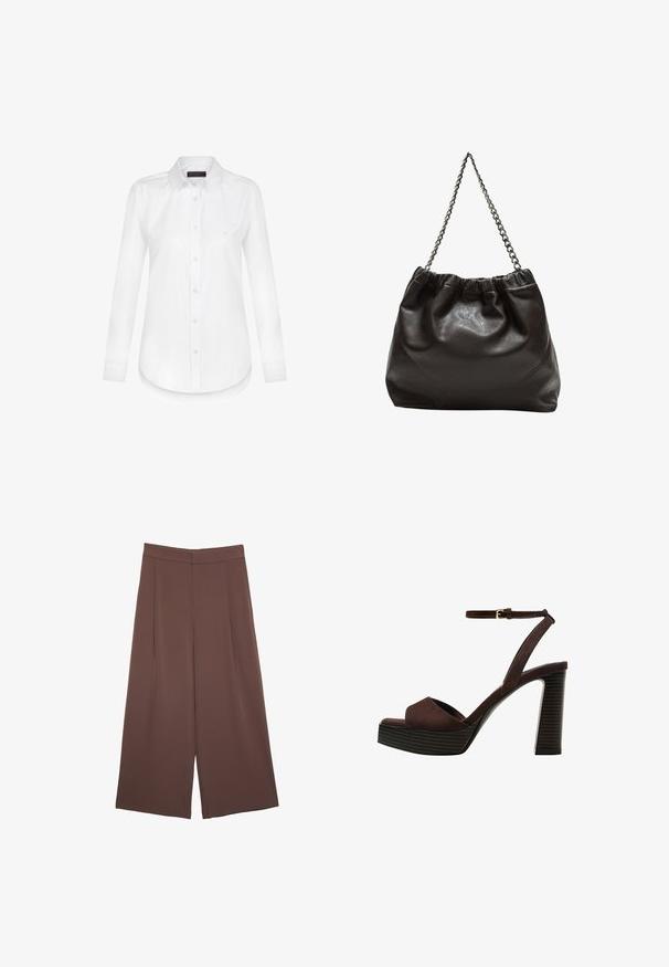 Felix Hardy Hemdbluse - white; Braune Weite-Leg-Hosen mit einer glatten Textur, hoher Taille und Vorderfalten. Der Stoff ist leicht und fällt locker.; Braune Wildleder-Pumps mit offenem Zeh, verstellbarem Knöchelriemen und gestreiftem Plateausohlen.; Braune Lederhandtasche mit gerafftem Oberteil und Kettenriemen. Glatte Textur mit glänzendem Finish und subtilen Nahtdetails an den Seiten.