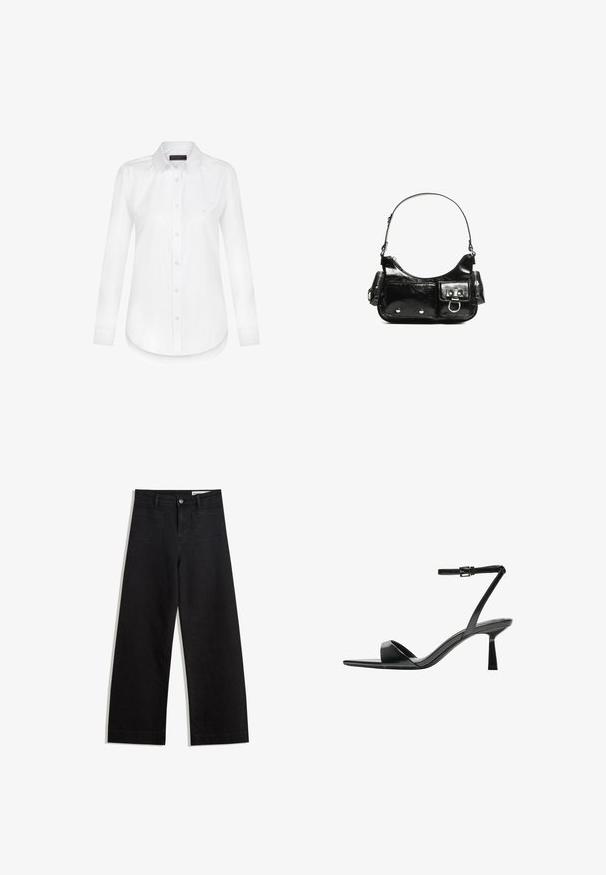 Felix Hardy Hemdbluse - white; Schwarze weit geschnittene Jeans mit hoher Taille, ausgestattet mit Vorder- und Hintertaschen, gesteppten Nähten und einem Knopfverschluss. Glatte Textur.; Bershka High Heel Sandalette - black; Schwarze Lackleder-Handtasche mit geschwungenem Design, einem Schulterriemen, Vordertaschen und silberfarbenen Hardware-Akzenten.