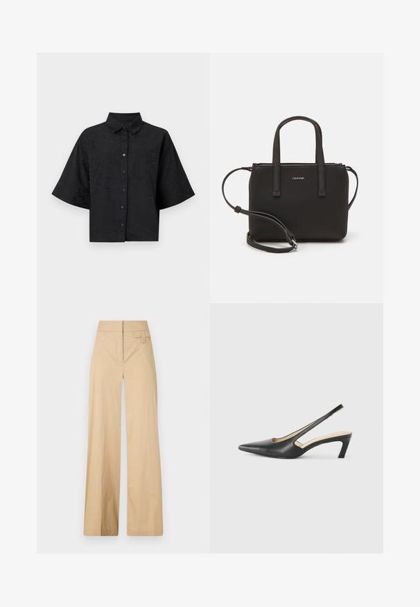 Svart kortärmad skjorta med krage, korta ärmar, knapplås och subtil vågstrukturdetalj. Har en enskild bröstficka.; Beiga vida byxor i bomullsmix. Har en slät yta, elastisk midja och en sidoknappdetalj.; Svart spetsig slingback-sko med låg klack, som har ett slätt lädermaterial och utskärningsdesign på sidan för andningsförmåga.; Svart handväska med dubbla korta handtag och ett avtagbart axelband. Slät läderliknande material med dragkedjestängning och logodetalj.