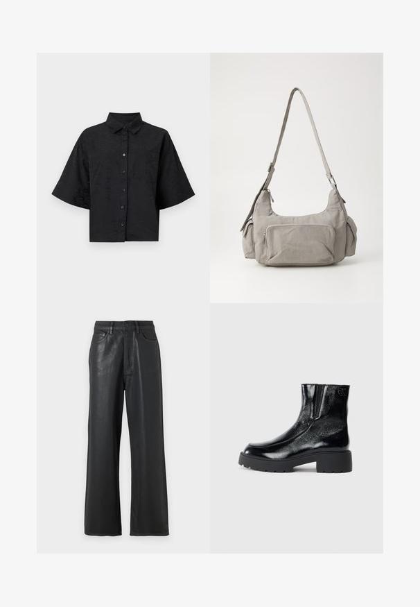 Black cropped shirt with a collar, short sleeves, button closure, and subtle wave texture detail. Features a single chest pocket.; Black wide-leg trousers made from a glossy material. Features a button closure, belt loops, and front pockets with a smooth texture.; Black ankle boots with a glossy patent leather finish, chunky black rubber sole, and raised heel; includes subtle logo detail on the side.; Gray fabric shoulder bag with two side pockets, a front zippered pocket, and a wide adjustable strap. Simple, functional design.