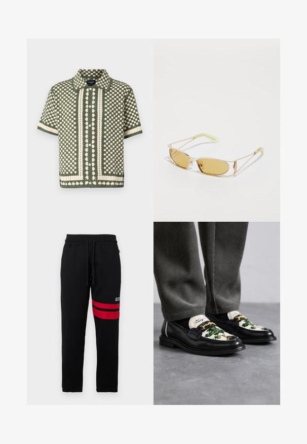 Kurzärmliges, grünes Strickshirt mit einem cremefarbenen Punkte- und Blumenmuster, ausgestattet mit einer geknöpften Vorderseite und klassischem Kragen.; Schwarze Jogginghose mit kontrastierenden roten Streifen und Logo an der Seite. Sie verfügt über einen elastischen Bund mit Kordelzug und eng zulaufende Beinabschlüsse.; Schwarze Lederlofer mit einem dekorativen Obermaterial aus grünem und weißem Textil. Mit einem goldenen Kettenakzent und einer strukturierten schwarzen Sohle.; Gelb getönte Sonnenbrille mit einem durchsichtigen goldenen Rahmen, schlanker rechteckiger Form und eckigen Bügeln mit hellgrünen Akzenten.