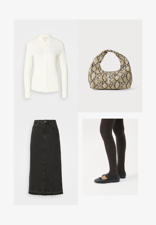 Long-sleeve, cream-colored button-up shirt made from soft fabric. Features a classic collar and a straight hem with button details.; Black denim midi skirt with a fitted waist, front button closure, and frayed hem. Features classic five-pocket design and slight texture.; Black flat shoes with a small bow detail at the toe, paired with dark brown ribbed tights. Shoes have a smooth texture and low profile.; Snake-print handbag with a curved handle. Made from textured, beige and brown materials, featuring a distinctive diamond pattern.
