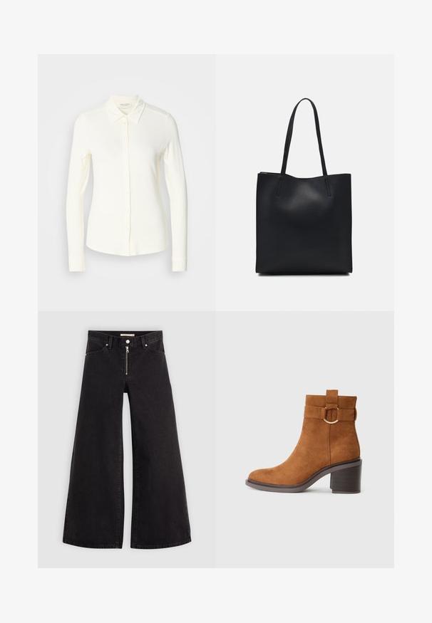 Chemise à manches longues de couleur crème, fabriquée dans un tissu doux. Elle présente un col classique et un ourlet droit avec des détails en boutons.; Jean large en denim noir avec une fermeture éclair à l'avant, un design à cinq poches et des détails de couture subtils. Texture lisse et style décontracté.; Bottine en daim marron avec un bout arrondi, un talon carré et une sangle décorative avec un détail de boucle circulaire.; Sac fourre-tout en cuir noir avec une texture lisse, de forme rectangulaire et deux longues poignées. Pas de matériel ou d'ornementations visibles.