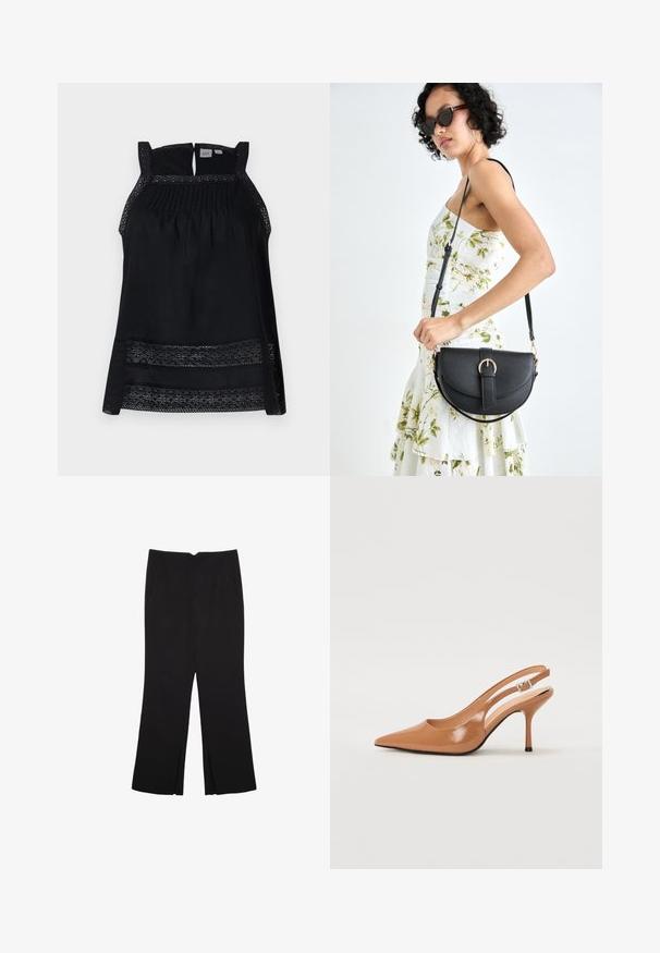 Sort ærmeløs top med transparent blonderkanter, plisseret forstykket og en nøglehulslukning i ryggen. Blødt stof med en løs, flydende form.; Sorte bukser med lige pasform, der har frontlommer og slidser i kanten. Lavet af blødt, glat stof. Velegnet til forskellige anledninger.; Spids tå slingback hæl i et glat, blankt tan materiale. Har et buet udskæring design og en slank stiletto hæl. Sølv spænde detalje.; Sort læderhåndtaske med en buet form, aftagelig rem og guldfinish. Tasken har en klap med en spænde detalje.