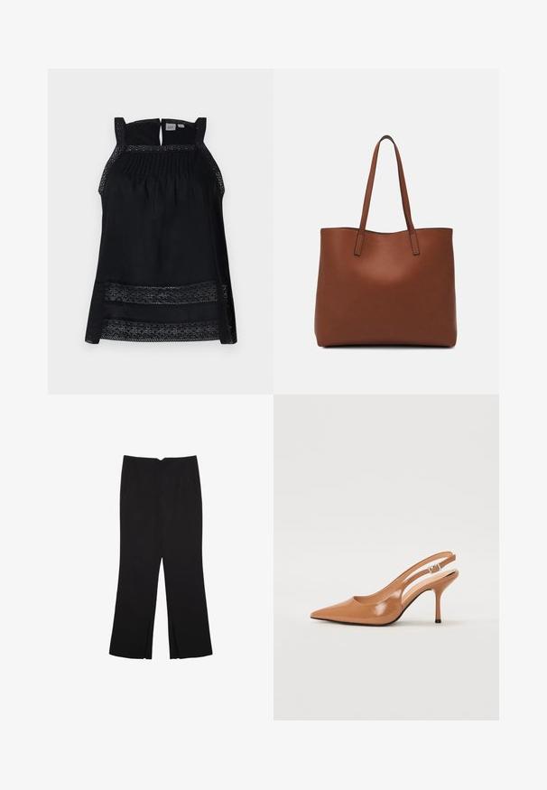 Črn brezrokavnik z prosojnim čipkastim robom, nabranim bodicem in odprtjem na hrbtu. Mehka tkanina z ohlapnim in tekočim krojem.; Črne hlače ravnega kroja z naglavnimi žepi in stranskimi razporki na robu. Narejene iz mehke, gladke tkanine. Primerne za različne priložnosti.; Slinčaste pete z ostro konico v gladkem, sijočem bež materialu. Imajo ukrivljen rez in vitko stiletto peto. Podrobnost s srebrno zaponko.; Rjava usnjena torba z gladko teksturo, odprto zasnovo zgoraj in dvema naramnima trakovoma. Opremljena je z minimalnim šivanjem in brez vidnih kovinskih delov.