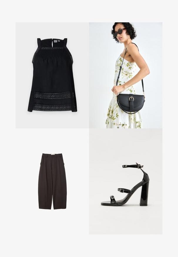 Sort ærmeløs top med transparent blonderkanter, plisseret forstykket og en nøglehulslukning i ryggen. Blødt stof med en løs, flydende form.; Sorte brede bukser lavet af et glat stof, med høj talje, forfaldne folder og sidelommer. Simpelt design uden udsmykninger.; Sorte laklædersandaler med høje hæle, to spænderemme, firkantet tå og en kraftig blokhæl, der har en glat, blank overflade.; Sort læderhåndtaske med en buet form, aftagelig rem og guldfinish. Tasken har en klap med en spænde detalje.