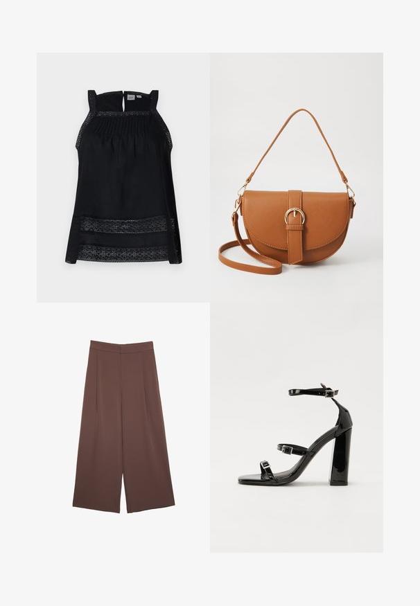 Sort ærmeløs top med transparent blonderkanter, plisseret forstykket og en nøglehulslukning i ryggen. Blødt stof med en løs, flydende form.; Brune bredbunde bukser med en glat tekstur, der har høj talje og plisseringer foran. Stoffet er let og falder løst.; Sorte patenterede hælsandaler med firkantet tå, ankelremme og sølvspænder. Har en chunky blokHæl for stabilitet.; Brun læder crossbody taske med en buet form, guldfarvet hardware og en spændeaccent. Har en aftagelig skulderrem.