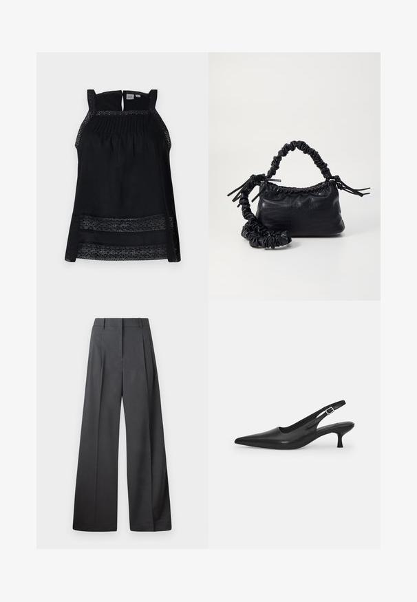 Sort ærmeløs top med transparent blonderkanter, plisseret forstykket og en nøglehulslukning i ryggen. Blødt stof med en løs, flydende form.; Bredde benbukser i mørkegrå stof, med høj talje, enkelte læg og en glat tekstur med en ren finish ved kanten.; Sort læder slingback-sko med spids tå og en slank, buet hæl. Har en diskret justerbar rem med en metalspænde.; Sort kunstlæder håndtaske med krokodilteksur, indsnøret top og en sammenkrøben rem. Ser blød og kompakt ud i designet.
